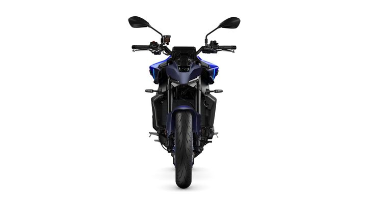 A sleek, modern motorcycle viewed from the front, showcasing a blue and black color scheme, dual headlights, and an aggressive design.