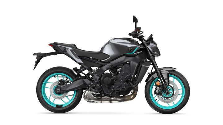 A sleek black motorcycle with turquoise accents, showcasing a modern design, is displayed against a white background.
