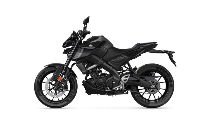 A sleek, black motorcycle is displayed in profile view, showcasing its modern design, with a sporty frame, front disc brakes, and distinctive tire treads.