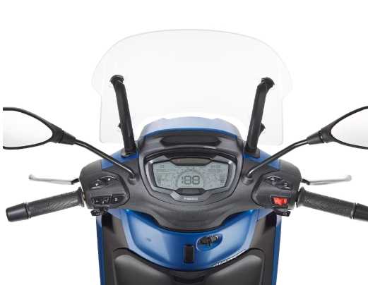 Top view of a blue scooter's handlebars, featuring a digital dashboard displaying speed at 188, mirrors, and control buttons. A transparent windscreen is positioned above.