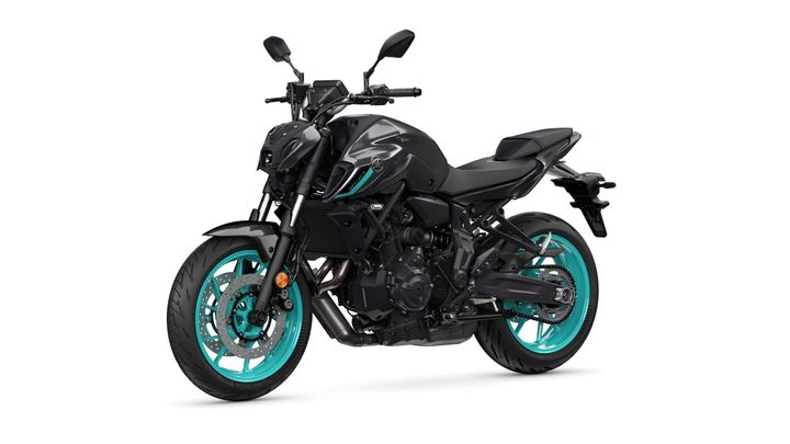 A sleek black motorcycle with turquoise accents, featuring sporty styling, a prominent front headlight, and a modern design, positioned on a white background.