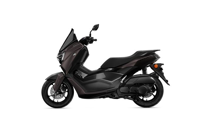 A sleek black scooter with a streamlined design, featuring a windscreen, modern bodywork, and smooth wheels, positioned on a plain white background.