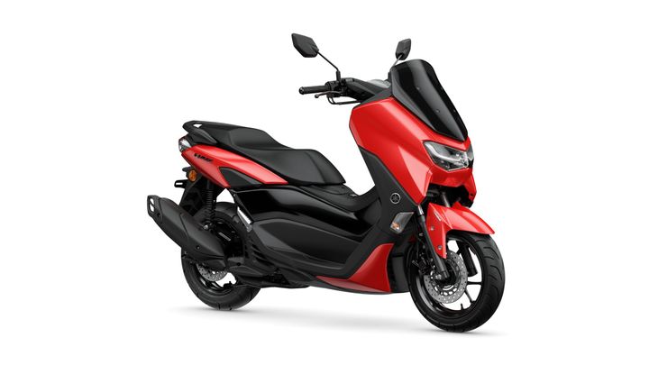 A red scooter with a sleek design, featuring a black seat and handlebars, positioned at a slight angle to showcase its side profile.