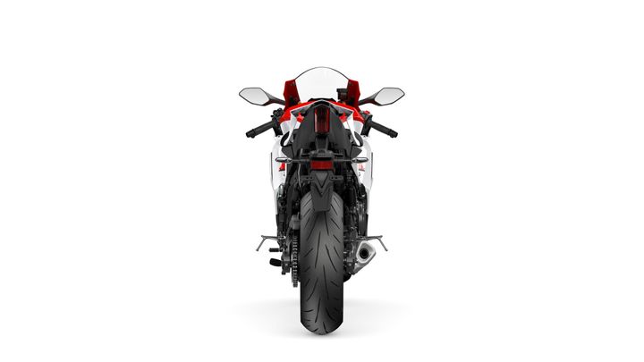 A rear view of a sleek, modern motorcycle with a prominent wide tire and dual mirrors, set against a clean white background.