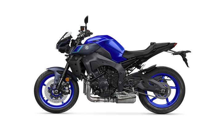 A sleek, modern motorcycle with a blue and black color scheme, showcasing its side profile, including detailed wheels and exposed engine components.