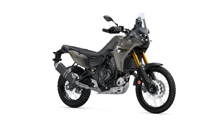 Yamaha Ténéré 700 Lowered Version adventure motorcycle in a matte grey finish, showcasing rugged tires, a tall windscreen, and off-road features, positioned on a white background.