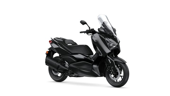 A sleek black Yamaha XMAX scooter angled to the right, featuring a tall windscreen, modern design, and sporty wheels.