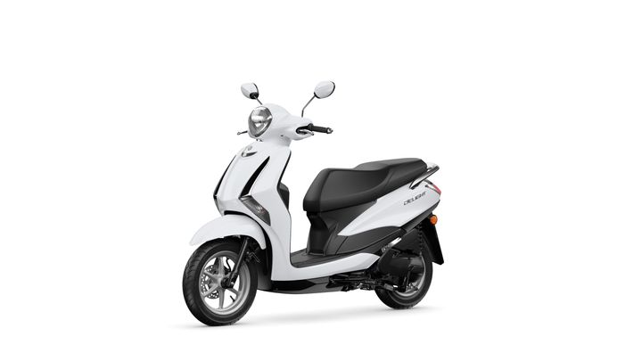 A white scooter with a sleek design and a black seat, positioned at a slight angle to showcase its front and rear features.