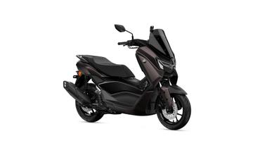 Yamaha 2025 NMAX 125 Tech MAX A sleek, dark-colored scooter with modern design features, including a large front windshield, sporty profile, and prominent wheel.