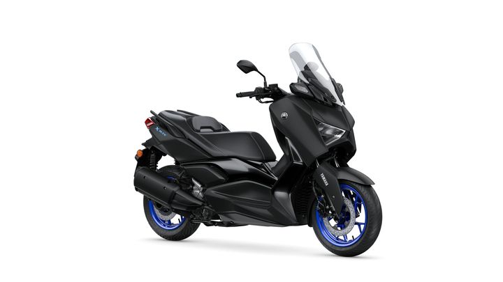 A sleek black Yamaha XMAX scooter with blue wheel rims and a tinted windscreen, positioned at a slight angle against a white background.