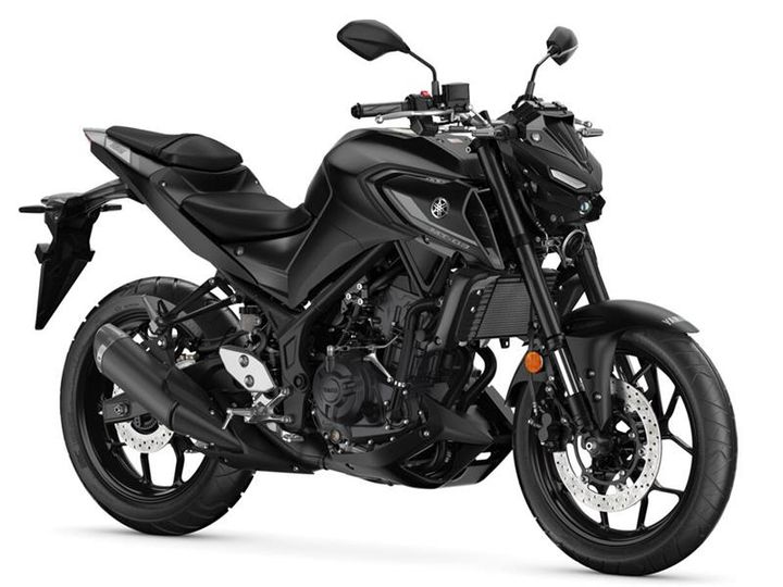 A sleek black motorcycle with a modern design, featuring a low seat, sporty frame, and distinctive headlights.