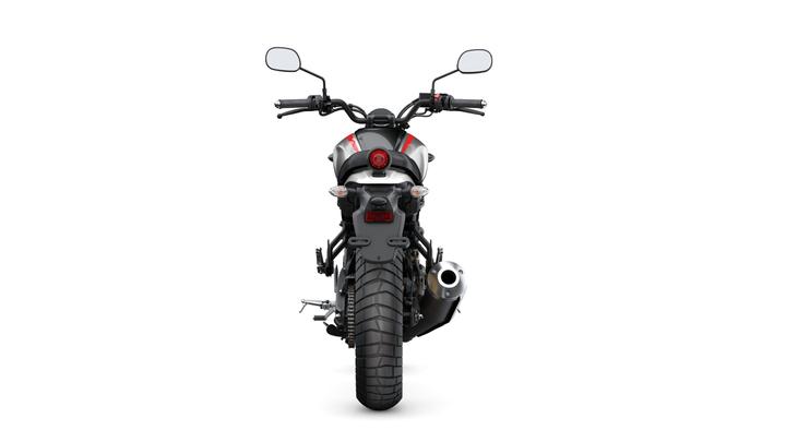 A rear view of a modern motorcycle with a sleek design, featuring a prominent tire, dual exhaust, and minimalistic tail lights against a white background.