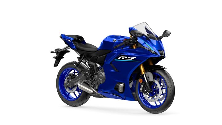 A blue Yamaha motorcycle with a sleek design, featuring an R7 logo, sporty fairings, and alloy wheels.
