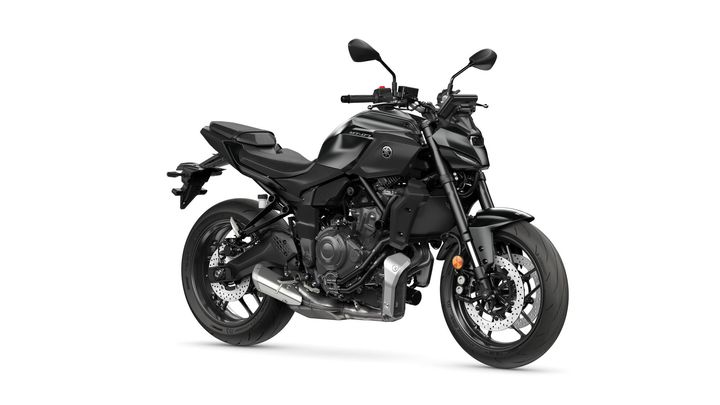 Yamaha 2025 MT-07 A sleek black Yamaha MT-07 motorcycle, featuring a sporty design, prominent front headlight, and modern styling, positioned on a white background.