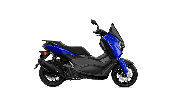 A blue and black scooter viewed from the side, showcasing its sleek design and modern styling, with visible wheels, seat, and handlebars.