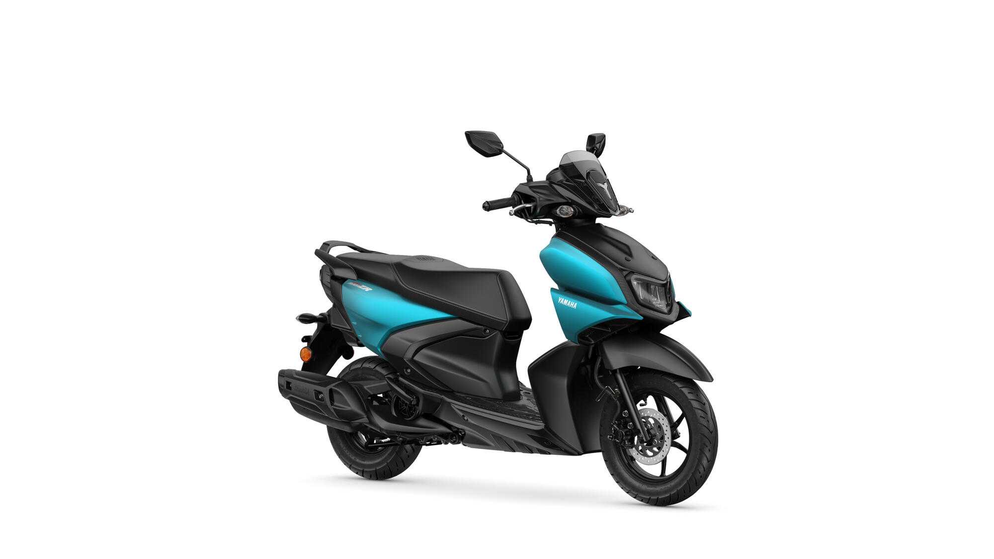 Yamaha 2025 Rayzr A sleek Yamaha scooter in a two-tone design featuring black and turquoise colors, positioned at a slight angle to showcase its modern aesthetic and features.