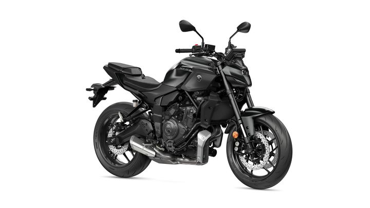 A black Yamaha MT-07 motorcycle viewed from the right side, featuring a sleek design, sporty bodywork, and modern styling elements.