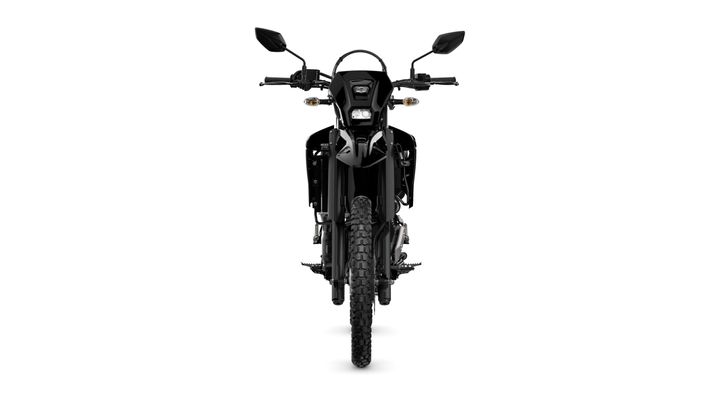A front view of a black motorcycle, showcasing its handlebar, mirrors, headlights, and rugged tire. The background is plain white.