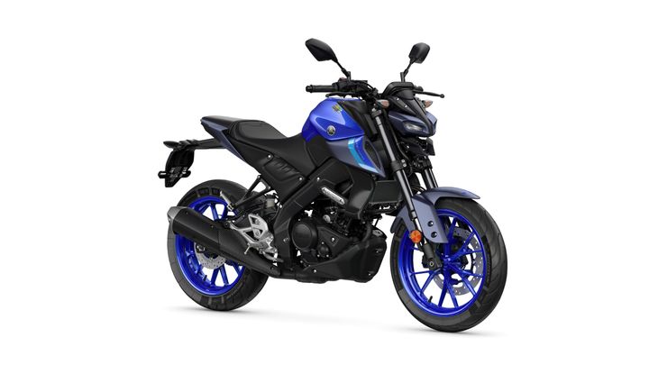 A sleek blue and black motorcycle with distinctive blue wheels and a modern design, showcasing the front and side profile.
