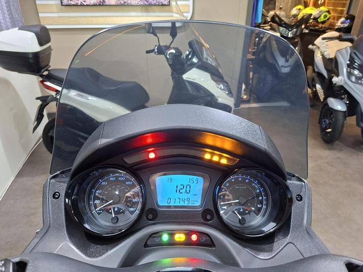 Close-up view of a motorcycle dashboard displaying speed, temperature, and various indicator lights, with a blurred background of additional motorcycles and helmets.