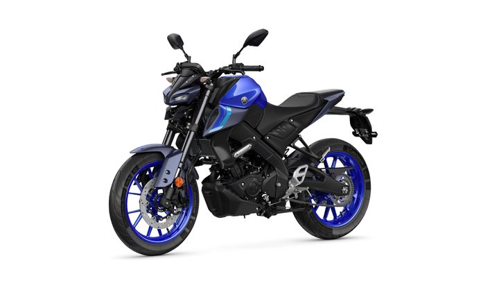A blue and black motorcycle with sporty design features, including bright blue wheels, an upright seating position, and modern headlights, positioned at a slight angle against a white background.