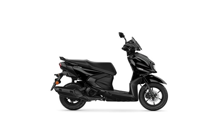 A sleek black Yamaha scooter is shown from a side view, featuring a modern design with a prominent front windshield and detailed bodywork.