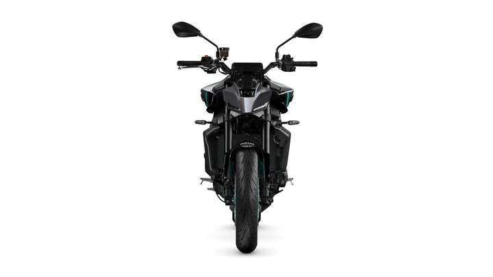 A front view of a sleek black motorcycle with a distinct angular design, featuring two mirrors, a digital display, and a prominent front tire.