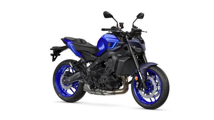 A blue and black naked motorcycle with a modern design, featuring a prominent front headlight, sporty rims, and a sleek body.