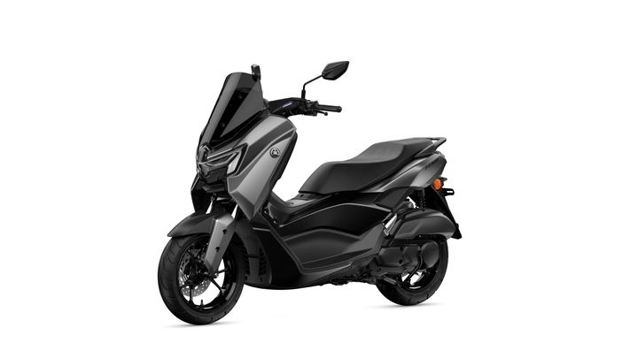 A sleek black scooter with modern design, featuring a prominent front fairing, low seat, and large wheels, positioned on a white background.