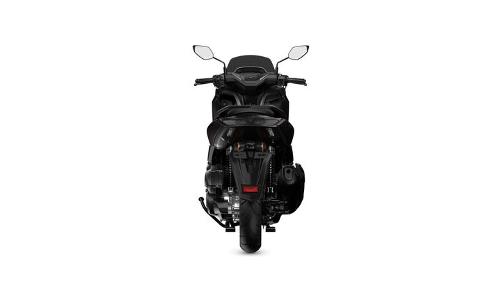 A black motorcycle viewed from the front, featuring a sleek design with handlebars, mirrors, and dual exhaust pipes visible.