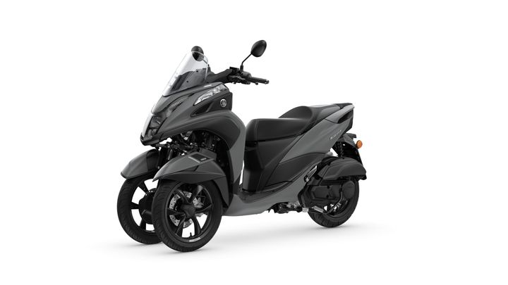 A sleek black scooter with three wheels, featuring a windshield, ergonomic seat, and modern design elements.