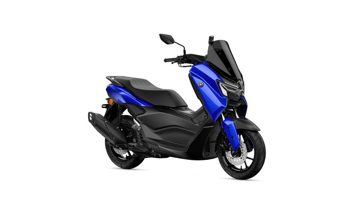 Yamaha 2026 NMAX 125A sleek blue and black scooter with modern design elements, featuring a large front windshield, a comfortable seat, and sturdy wheels.