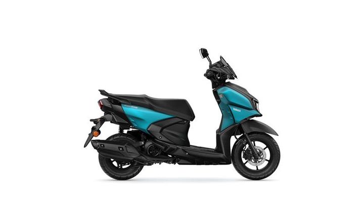 A sleek, modern scooter in blue and black, viewed from the side, showcasing its design features such as the windshield, seat, and wheels.