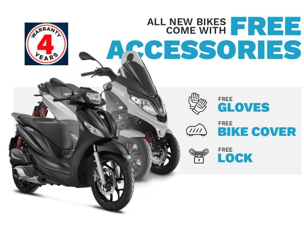 An advertisement featuring two stylish scooters, with a prominent "4 YEARS WARRANTY" badge. The text highlights that all new bikes come with free accessories: gloves, a bike cover, and a lock, presented alongside corresponding icons.