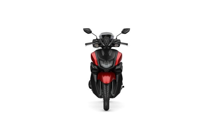 A front view of a modern black and red scooter, showcasing its sleek design and prominent headlight features.