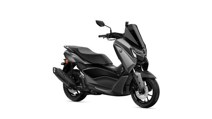 A sleek, modern scooter in a dark gray finish, featuring a high front shield, single headlight, and sporty design elements. The scooter is shown at an angle, highlighting its wheels and rear tail.