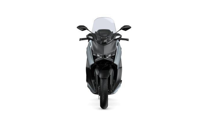 A sleek, modern scooter facing forward, featuring a dark body with silver accents and a windshield, set against a white background.