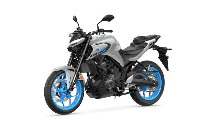 A silver and black modern motorcycle with blue wheels, showcasing a sporty design, positioned on a white background.