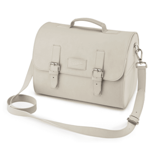 A light beige satchel with buckle closures, a top handle, and a detachable shoulder strap, against a white background.