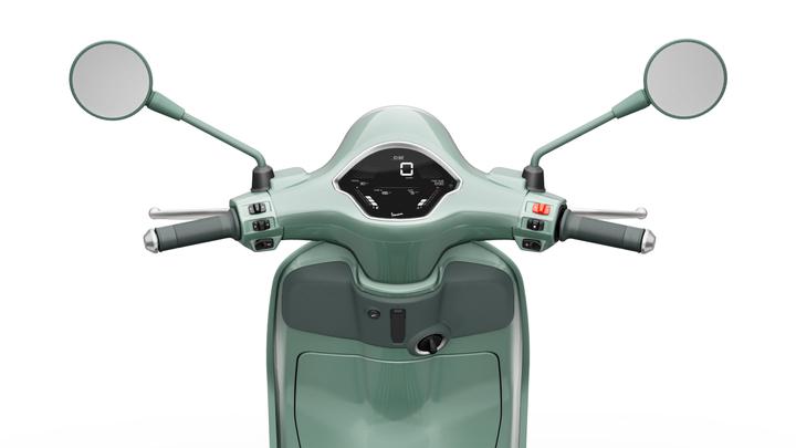 Aerial view of a scooter's handlebars featuring a digital dashboard, two mirrors, and control buttons, all presented against a white background.