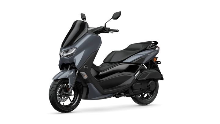 A sleek, modern gray scooter with a streamlined design, featuring a prominent windshield, black seat, and a sporty profile. The scooter is positioned at an angle, showcasing its front wheel and distinctive styling.