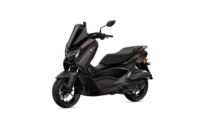 A sleek, modern scooter with a dark matte finish, featuring a tinted windshield, sporty design elements, and a comfortable seat.