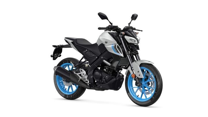 Yamaha 2025 MT-125 A sleek gray and black motorcycle with blue accents and wheels, positioned at an angle to showcase its design features.