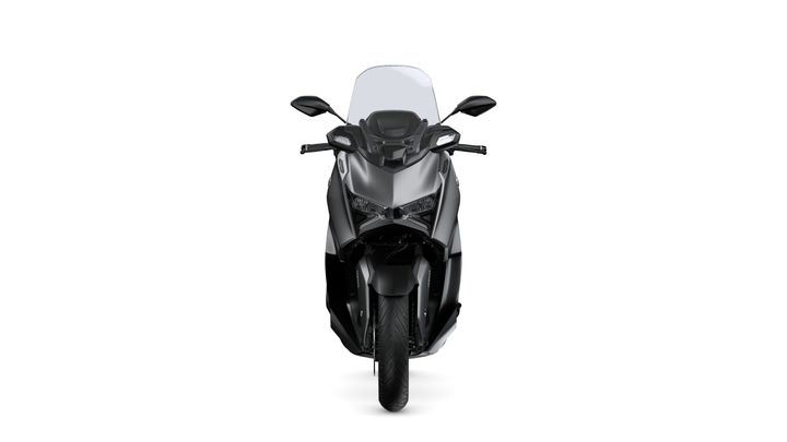 A sleek, modern motorcycle viewed head-on, featuring a black exterior and a transparent windscreen.