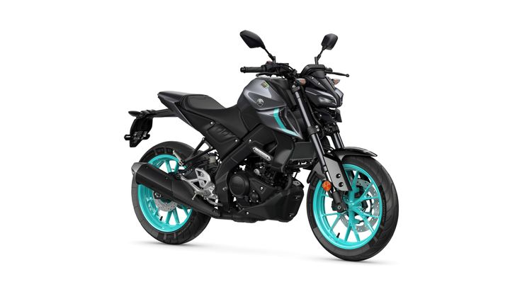 Yamaha 2024 MT-125 A sleek black motorcycle with turquoise accents and wheels, showcasing a modern design.