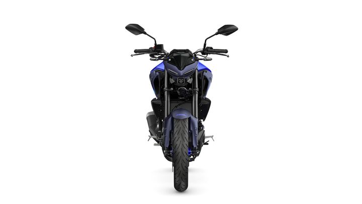 Front view of a blue and black motorcycle with dual mirrors, a sleek design, and a prominent front tire.