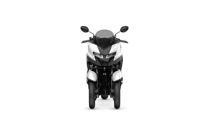 A front view of a sleek, modern three-wheeled motorcycle with a predominantly white exterior and a streamlined design.