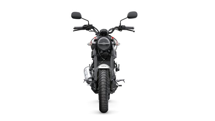 A front view of a motorcycle with a sleek design, featuring a round headlight, handlebars, and a thick tire, set against a white background.