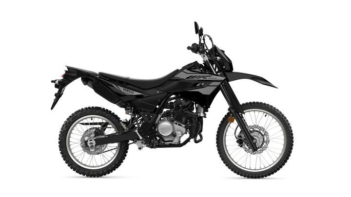A black Yamaha WR dirt bike displayed against a white background, showcasing its sleek design, off-road tires, and modern features.