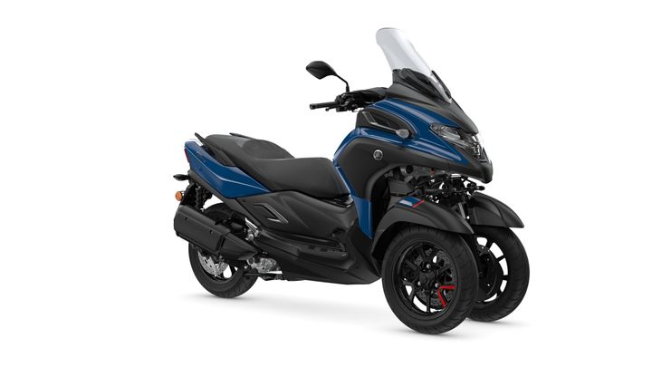Yamaha 2024 Tricity 300A blue and black three-wheeled scooter with a windshield, sleek design, and dual front wheels, positioned against a white background.